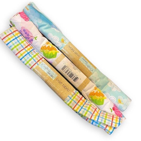 Crafter's Square Mixed Fabric Lot Multicolored Cupcakes Plaid Sunshine Clouds - Picture 5 of 7